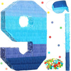 Sratte Number 1 2 3 4 5 6 7 8 9 Piñata with Stick Blindfold Confetti, Gradient Blue Piñata for Kids Boys Girls Birthday Party Anniversary Decorations Supplies(Number 9)