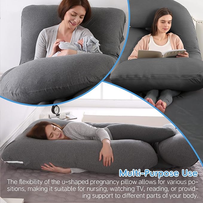 U-Shaped Pregnancy Pillow for Sleeping, Full Body Support for Back, HIPS & Belly -65 Inch Maternity Pillow with Machine Washable Cover | Maternity Essential (Jersey Knit Cotton Gray- 65inch)