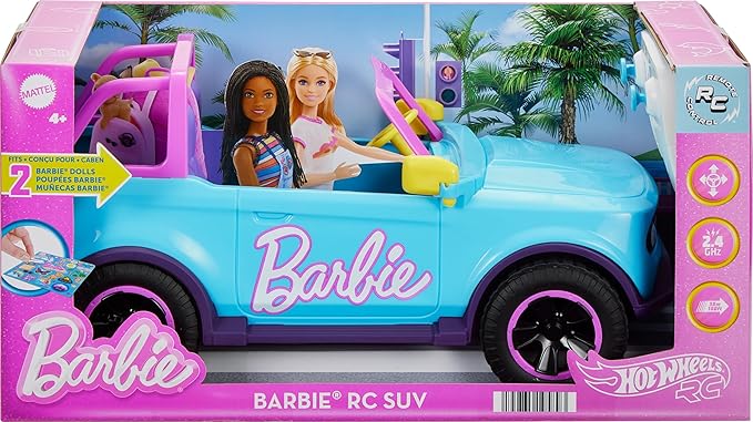 Barbie Hot Wheels RC SUV, Remote-Control Vehicle That Fits 2 Fashion Dolls & Accessories, Includes Kid-Applied Stickers for Customization