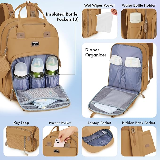 Dikaslon Diaper Bag Backpack with Portable Changing Pad, Pacifier Case and Stroller Straps, Large Unisex Baby Bags for Boys Girls, Multipurpose Travel Back Pack for Moms Dads, Tan