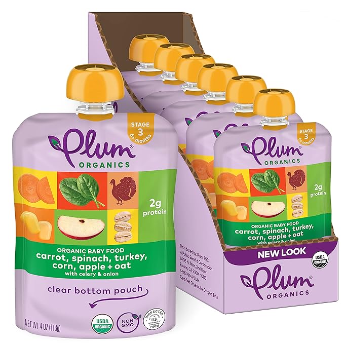 Plum Organics Stage 3 Organic Baby Food - Carrot, Spinach, Turkey, Corn, Apple, and Oat - 4 oz Pouch (Pack of 6) - Organic Baby Food Pouch