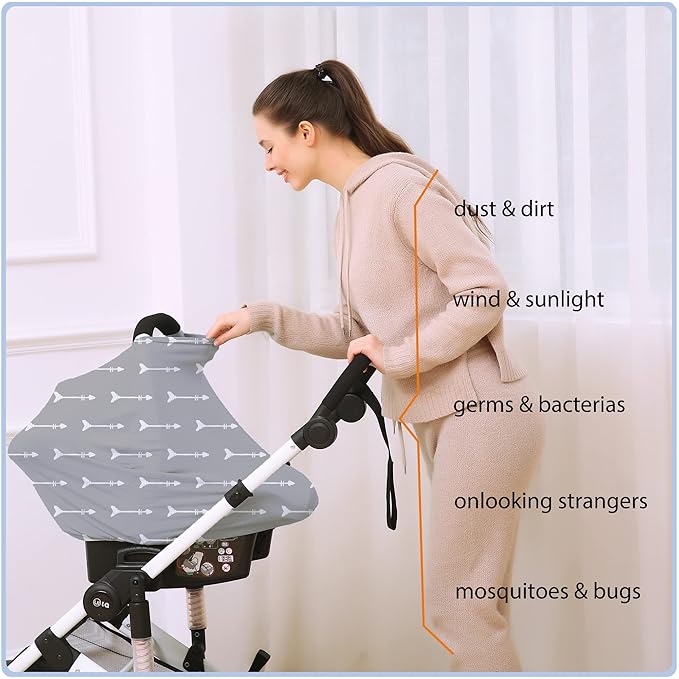 Nursing Carseat Canopy Breastfeeding Cover - Multi-use Stretchy Car Seat Covers for Babies, Baby Shower Gifts (Grey Arrows)