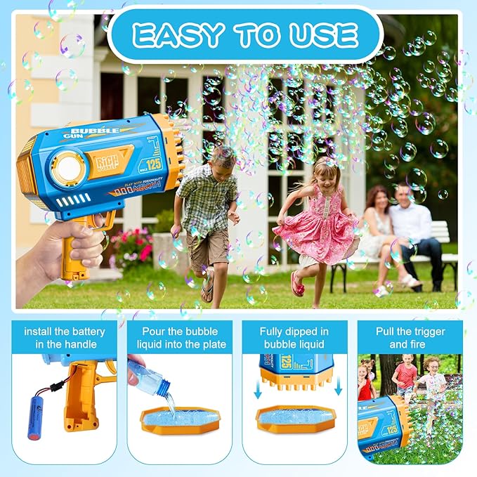 BOMOCO Bubble Gun,125 Holes Bubble Machine Bubbles for Kids Age 3-12,Bubble Blaster Gun with Bubble Solution Summer Outdoor Bubble Toys Birthday Wedding Halloween Party Favors Gifts Bubble Maker,Blue