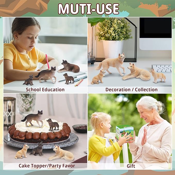 Toymany 8PCS Wolf Figures Forest Animals Toy Figurines - Plastic Jungle Zoo Animal Figurines for Kids Boys Girls Age 3-5 6-12