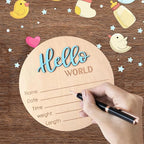 Baby Announcement Sign, 5.9 Inch Wooden Hello World Newborn Signs, Birth Announcement Sign, Baby Shower Hospital Nursery for Newborn Boys and Girls (Sky Blue,Pen)