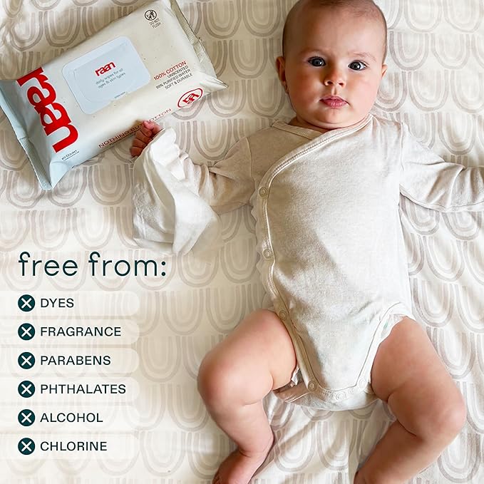Raan, 100% Cotton Baby & Toddler Wipes, Unbleached, 99% Purified Water, Unscented, EWG verified, Made for Sensitive Skin, Extra Soft and Durable, 4 pack, 240 Count