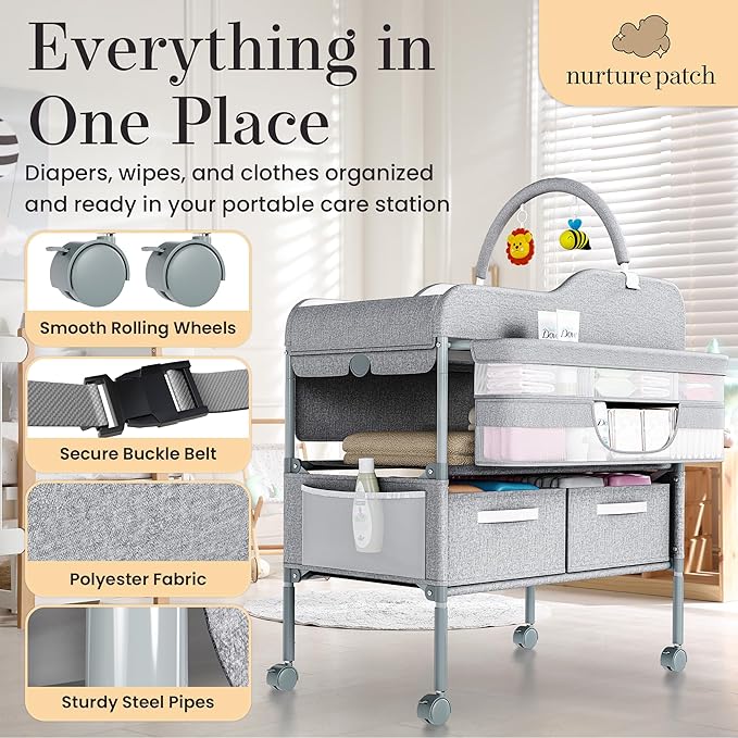 Portable Changing Table for Baby - Foldable Changing Table, Baby Diaper Changing Station with Baby Changing Station Toy Holder, Diaper Changing Table Bag - Portable Baby Changing Table with Wheels
