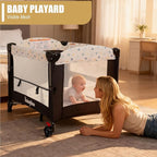 4 in 1 Height Adjustable Baby Playard, Foldable Nursery Center with Music Box Toy Rack, Side Storage, Changing Table, Large Portable Playpen for Newborns and Toddlers