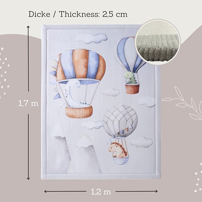 Stylish Coral Baby Play Mat for Floor 47" x 67" Dinosaur Balloons – Soft 1" Thick High-Density Memory Foam Nursery Rug,Kids Rug with Non-Slip Backing for Crawling & Playing, Playroom Rug, Kids Carpet