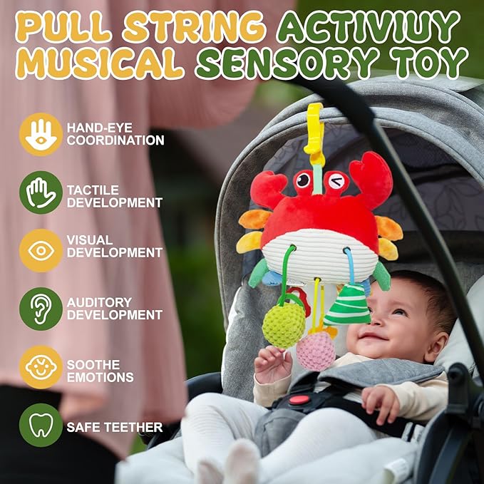 Red Crab Baby Toy - Clip-On Hanging Sensory Toy for Car Seat, Stroller, Gym with Squeaker, Crinkle, Rattle, Mirror & Teether | Soft Plush 0-12 Months Infant Developmental Toy for Tummy Time (Red)