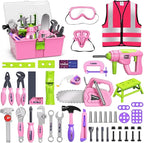 Deejoy 54Pcs Large Kids Tool Set with Electric Saw & Electronic Toy Drill, Pretend Play Kids Construction Set for Toddler 3-5 Years Old, Toddler Tool Set-Pink