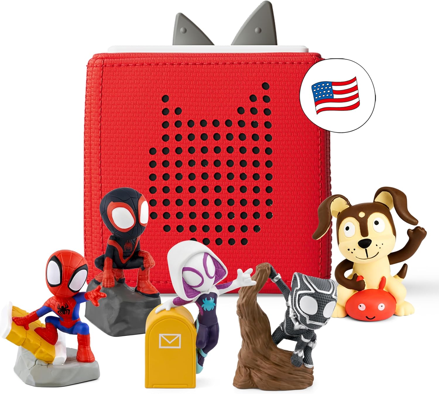 Tonies Toniebox Audio Player Starter Set with Spidey, Ghost-Spider, Spin, Black Panther, and Playtime Puppy - Ages 3+, Listen, Learn, and Play with One Huggable Little Box - Red