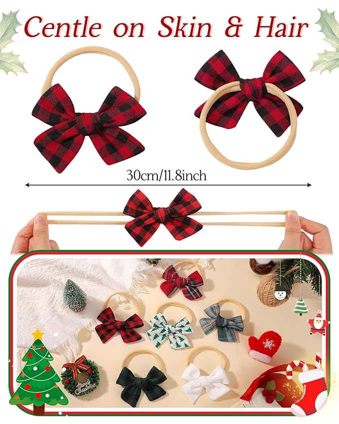 doboi 6PCS Christmas Baby Girls Headbands Hair Bows Nylon Cotton Linen Hairbands Fine Handmade Hair Accessories for Newborn Infant Toddlers Little Girls- Red Green Plaid