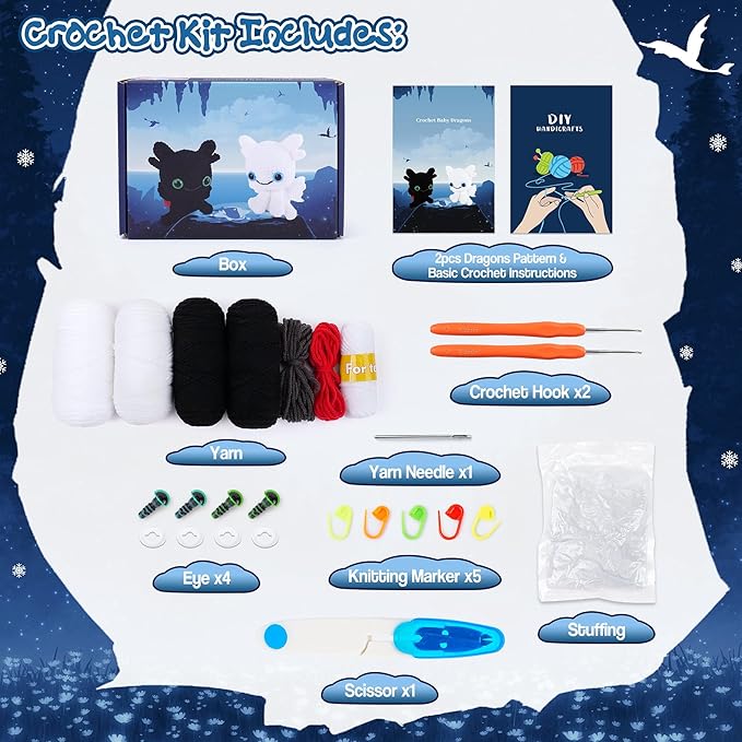 Dragon Crochet Kit for Beginners, 2PCS Black and White Dragon Crochet Animal Kit with Step-by-Step Video Tutorials, Crocheting Kits, Crochet Starter Kit for Kid and Adult, Stuffed Animal Knitting Kits