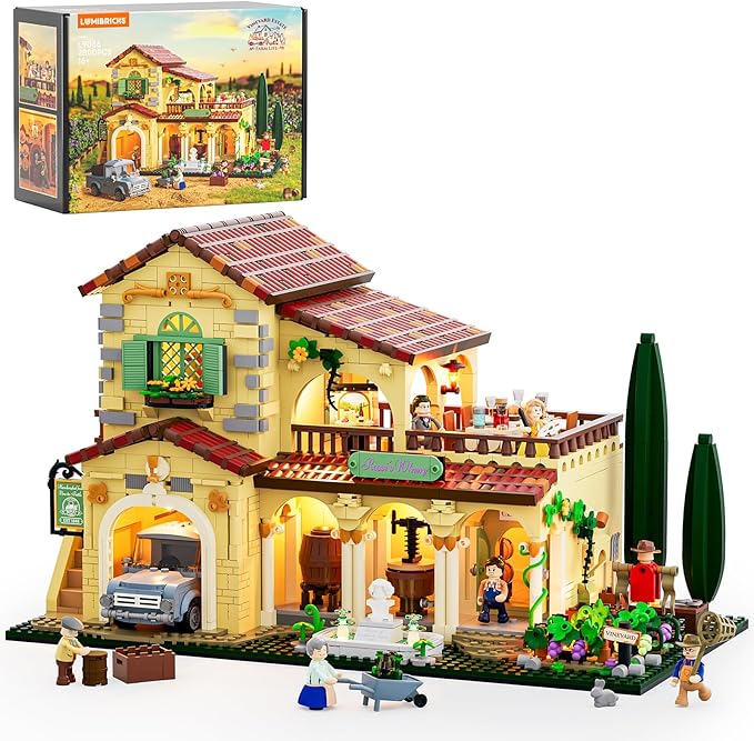 Farm Vineyard-Estate Lighting Building-Bricks-Set - 2800 Pcs Winery Chateau House Collection LED Light Wine Cottage Model Display Set for Adults and Farm Series Building Collectors