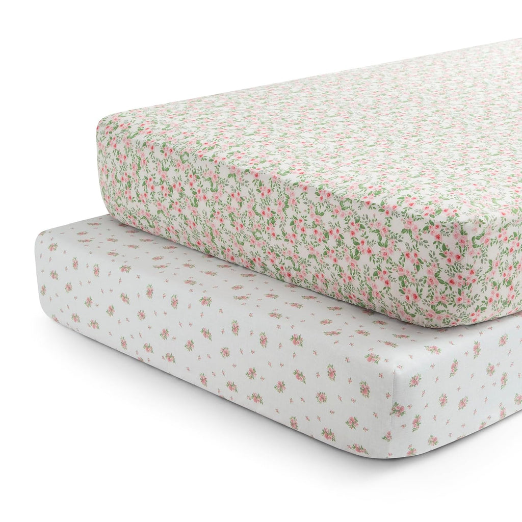 Delta Children Fitted Crib Sheets for Girls and Boys - Crib Sheet for Standard Crib and Toddler Mattresses - 28x52 Inch (Pack of 2), Pink Floral