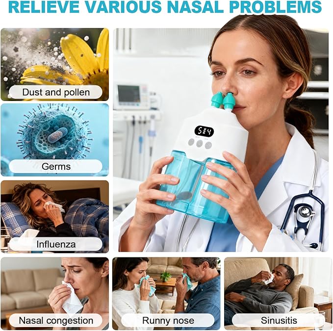 Nasal Irrigation System Electric Nasal Sinus Rinse Machine with Smart Display Screen, Dual Water Tanks, 9 Suction & Water Flow Modes, Nasal Irrigator for Allergies/Nasal Congestion/Runny Nose