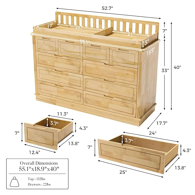Homsee Baby Changing Table Dresser, 100% Solid Wood Infant Diaper Changing Station Combo, 10-Drawer Baby Nursery Dresser with Removable Tray for Children's Room Bedroom, Nature Color