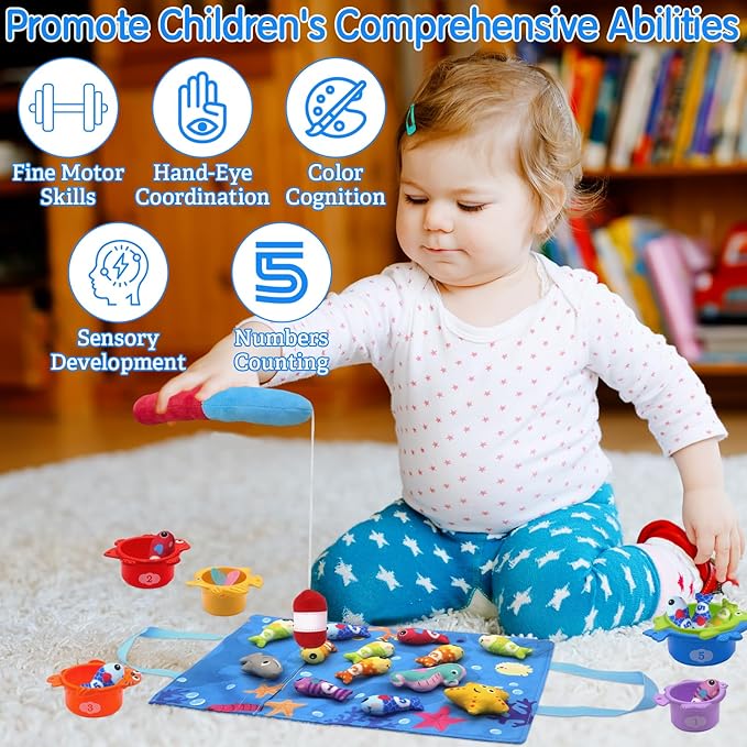 Montessori Toys for 1 Year Old, Cloth Fishing Game for Baby 12 Months with Stacking Cups, Number Counting, Color Sorting, Shape Learning