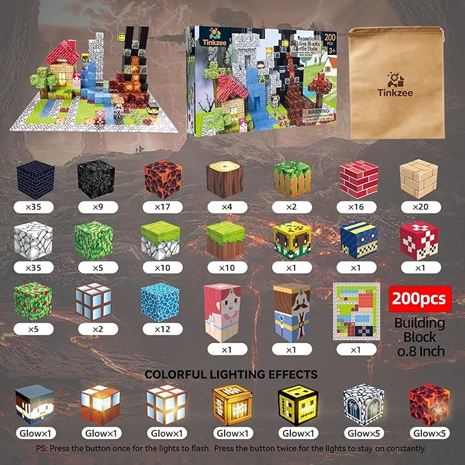 200 PCS Magnetic Building Blocks with 15 LED Light-Up Blocks (Replaceable Battery)&Foldable Magnetic Board,STEM Educational Magnet Cube Set,Creative Construction Toy Gift for Kids (Boys&Girls Ages 3+)