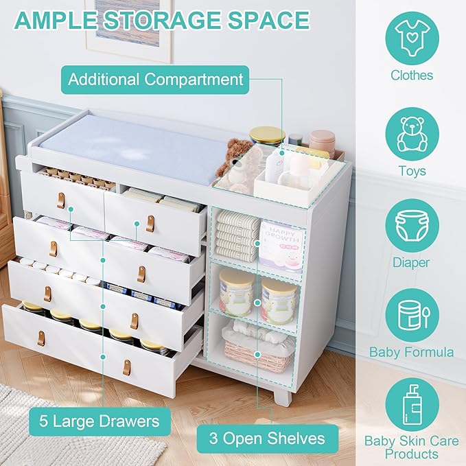 Baby Dresser with Changing Table Top, Nursery Dresser with 5 Drawers and Adjustable Shelves, Storage Organizer for Kids Bedroom, White