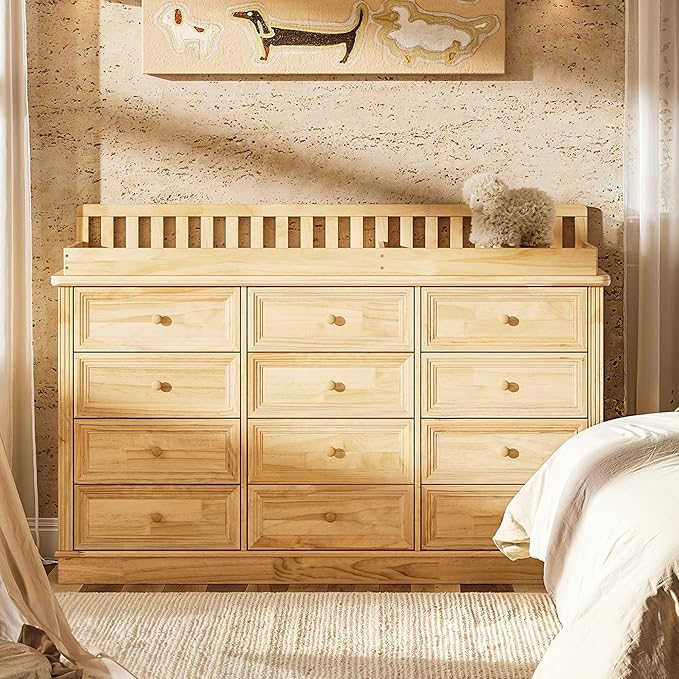 Homsee Baby Changing Table Dresser, 100% Solid Wood Infant Diaper Changing Station Combo, 12-Drawer Baby Nursery Dresser with Removable Tray for Children's Room Bedroom, Nature Color