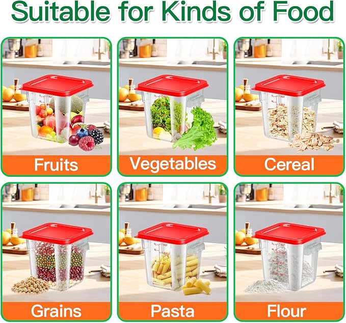4 pcs 8qt Food Storage Containers with Lid, Square Clear Commercial Food Storage Containers with Handle and Scale for Food Storage in Home Kitchen & Dining (Red)