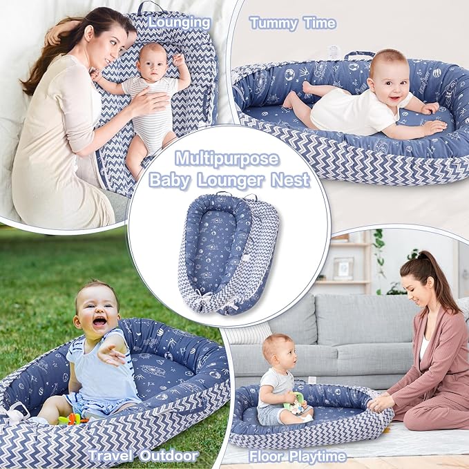 Baby Lounger - Infant Lounger for Newborn 0-24 Months, Breathable & Soft Baby Lounger Cover, Portable Infant Lounger for Home and Travel, Babies Essentials Gifts - Blue