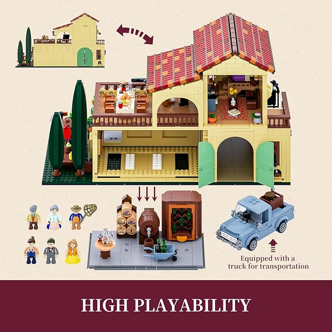 Farm Vineyard-Estate Lighting Building-Bricks-Set - 2800 Pcs Winery Chateau House Collection LED Light Wine Cottage Model Display Set for Adults and Farm Series Building Collectors