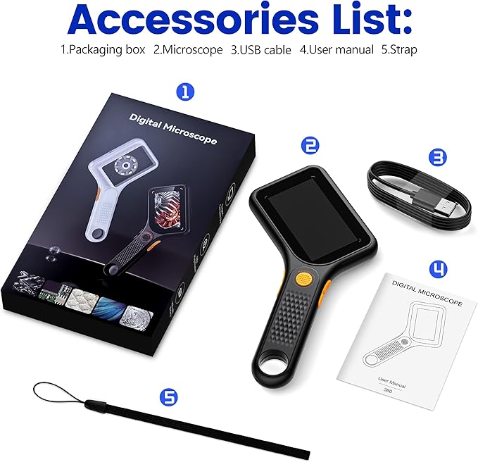 Microscope for Kids Adults - 3 Inch IPS Screen, Ahalfcit Digital Microscope, 500X Handheld Coin Magnifier, 3 Level LED Light, Compatible with Windows, Mac OS (D-Black)