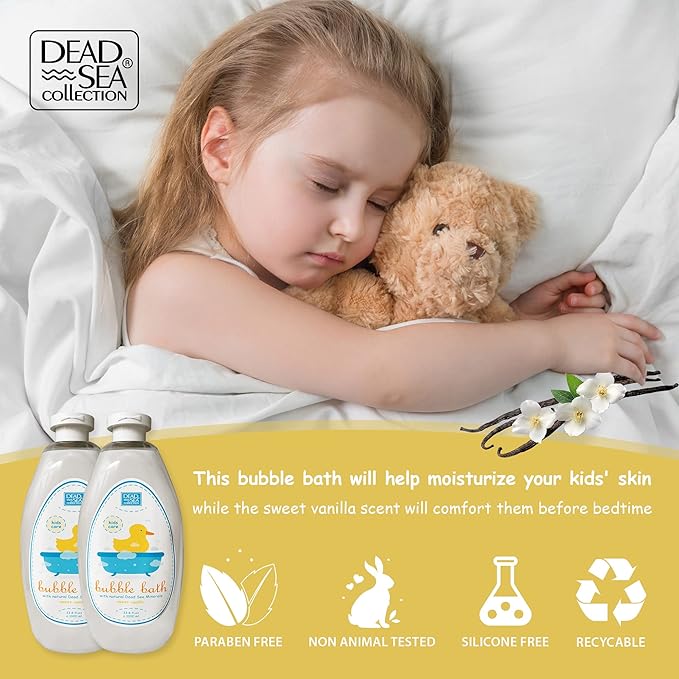 Dead Sea Collection Bubble Bath Kids with Vanilla - Cleansing and Moisturizing Liquid Bath Bubbles - Sweet Almond Oil and Pure Dead Sea Minerals - Pack of 2 Large Bottles (67.6 fl.oz)