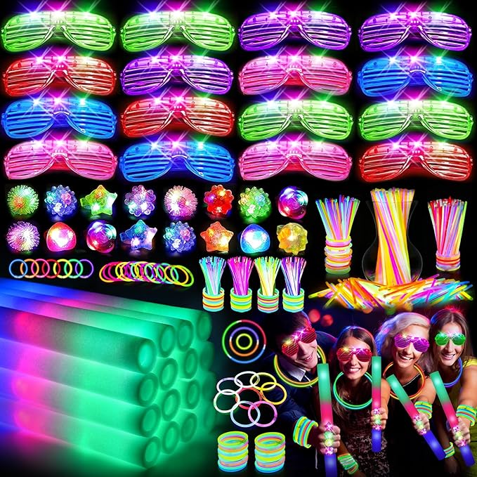 150 PCS Glow in the Dark Party Supplies, 16 Foam Sticks, 16 LED Glasses, 100 Glow Sticks and 18 Finger Lights for Neon Party, Wedding, Birthday, Concert, New Year, Carnivals, Raves
