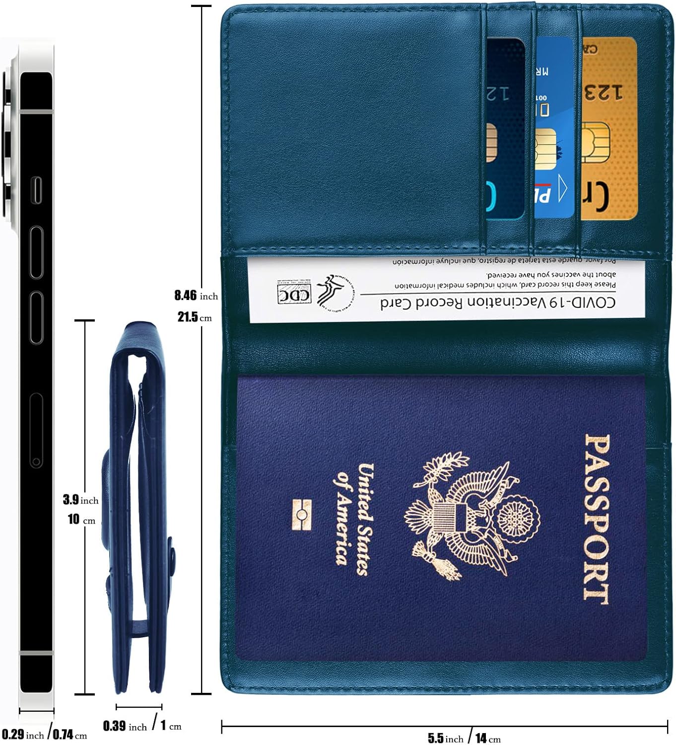 Passport Holder and Vaccine Card Holder Combo with Passport Cover Wallet Travel Passport Wallet Case for Men and Women (Blue)