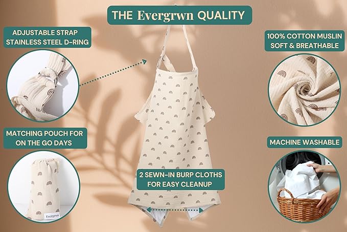 Superior Design Evergrwn Multi-use Privacy Nursing Cover Up for Breastfeeding, 100% Cotton Breathable Nursing Cover with Arch Neckline, Muslin Breastfeeding Cover, Baby Essentials (Rainbow Beige)