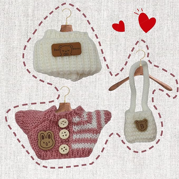 Handmade Crochet Doll Clothes - Compatible with 5.91-6.7inch (15-17cm) Dolls as Accessories , Adorably Stylish Set for Dolls, Cute Doll Outfit with Accessories ( Pink Sweater + White Hat +White Bag)