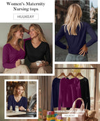 Huukeay 3 Pack Women's Long Sleeve Nursing Tops, Breastfeeding Hidden Zippers Shirts V Neck Maternity Pregnancy Tees Clothes