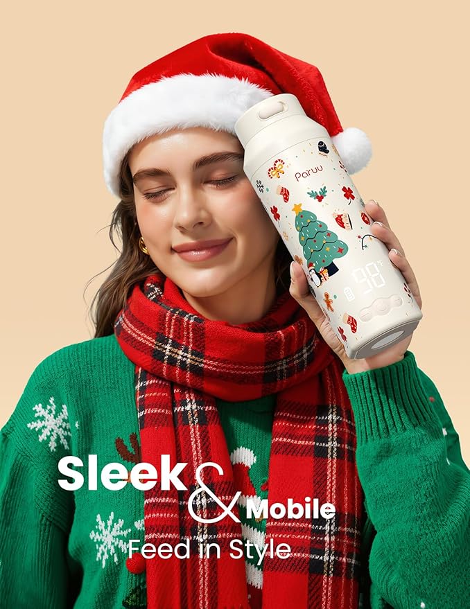 Paruu Portable Bottle Warmer for Travel, Easy-Clean Wide Mouth, Portable Milk Warmer with Fast Heating for Night Feeding, 7-Temp Control, Large 12oz Capacity, Christmas Limited Edition, Beige