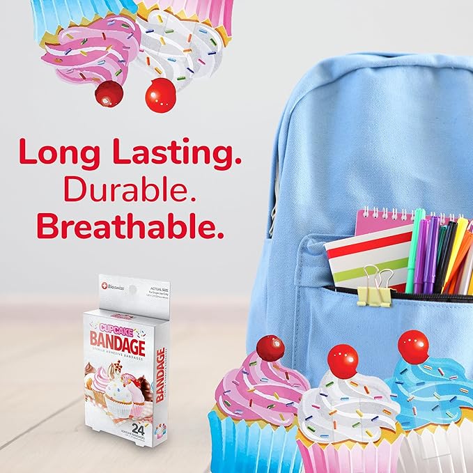 BioSwiss Bandages, Cupcake Shaped Self Adhesive Bandage, Latex Free Sterile Wound Care, Fun First Aid Kit Supplies for Kids, 24 Count