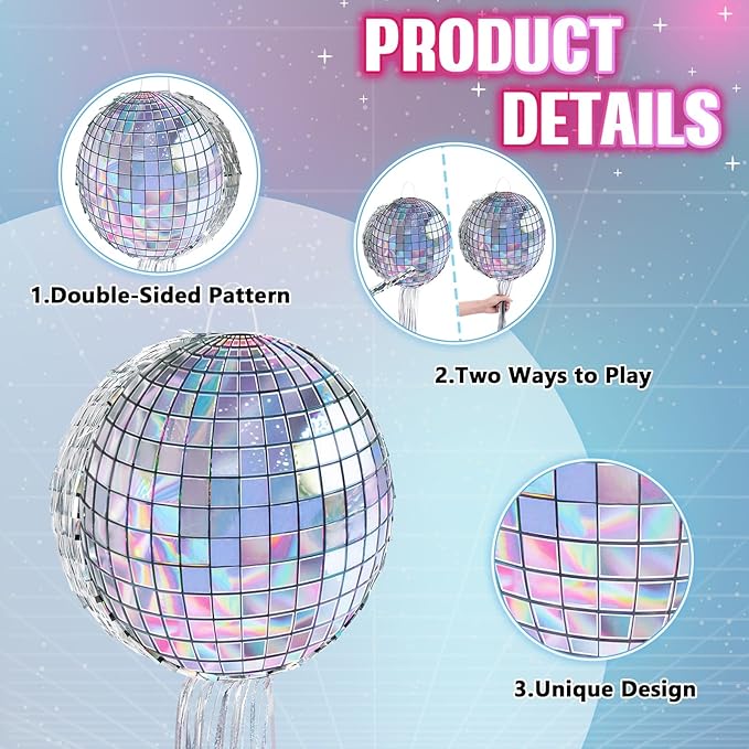 WERNNSAI Disco Ball Piñata - Disco Party Decoration for Adult Birthday Party Supplies Hanging Disco Piñata with Bat Blindfold Mirror Roller Skating Pull String, 12.2” x 12.2”