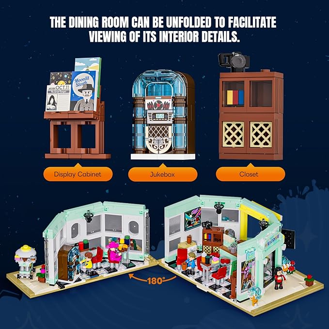 Interstellar-Diner Lighting-Building-Bricks City Set - 2188 Pcs Road UFO Drive-in Restaurant Modular Collection LED Light Space Car Restaurant Set for Adults and Travelling Enthusiasts