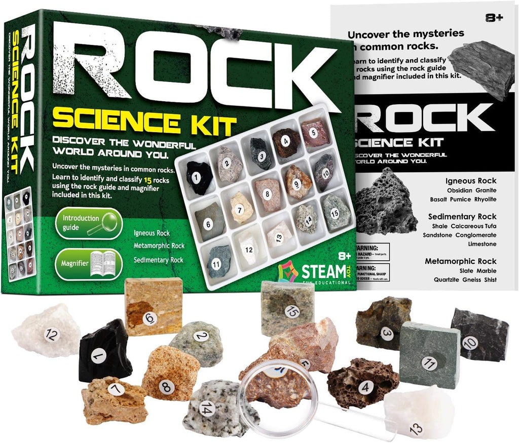 XXTOYS Rock & Stone Collection 15 PCS with Collector Box, STEM Toy Science Kit Geology Mineral Specimens Gift Presents for Kid Geologists