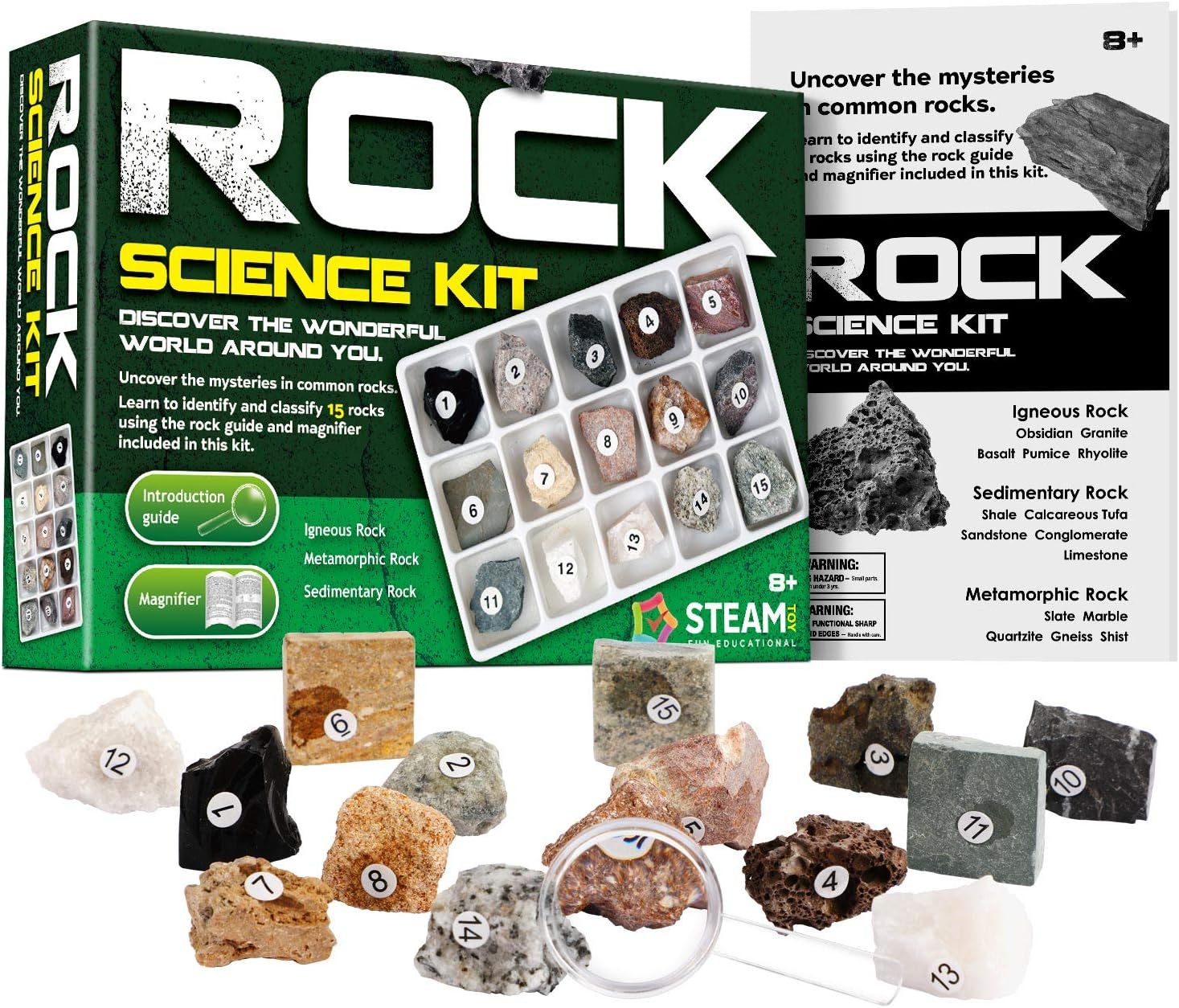 XXTOYS Rock & Stone Collection 15 PCS with Collector Box, STEM Toy Science Kit Geology Mineral Specimens Gift Presents for Kid Geologists