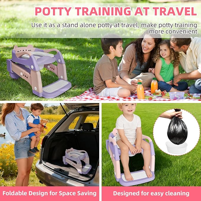 Potty Training Seat, Upgrade Toddler Toilet Seat for Kids Boys Girls, 3 in 1 Potty Training Toilet with Step Stool Ladder-Non Slip Foldable (Purple+Pink)