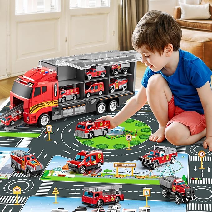 Toddler Boys Toys for 3-5 Years Old, Fire Truck Vehicle Set with Play Mat and Die-Cast Toy Car, Transport Carrier Truck for Kids 3-5, Birthday Gifts Toys for 3-8+ Year Old Boys