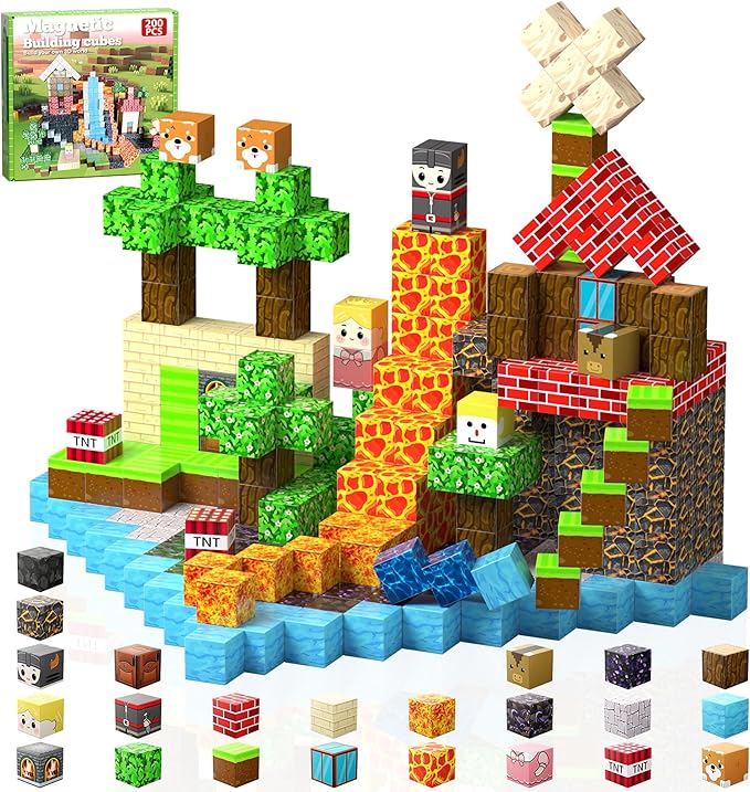 Magnetic Blocks, Magnetic Building Blocks, 3D Construction Build Toys, STEM Sensory Magnet Cubes (Multicolor-200PCS)