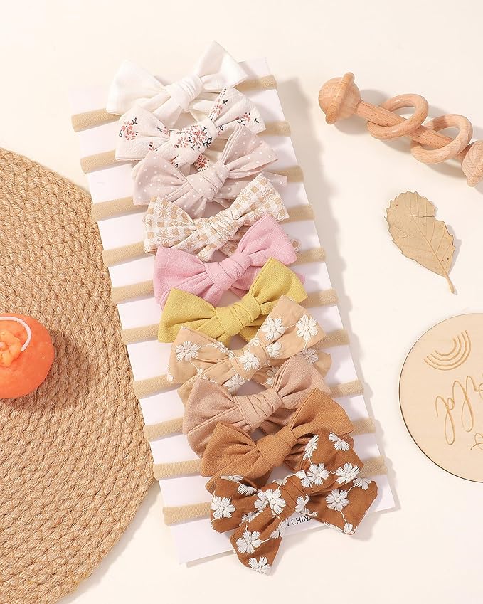 doboi 10PCS Baby Girls Headbands Hair Bows Nylon Linen Hairbands Handmade Hair Accessories for Newborn Infant Toddlers Little Girl and Kids 3.5Inches
