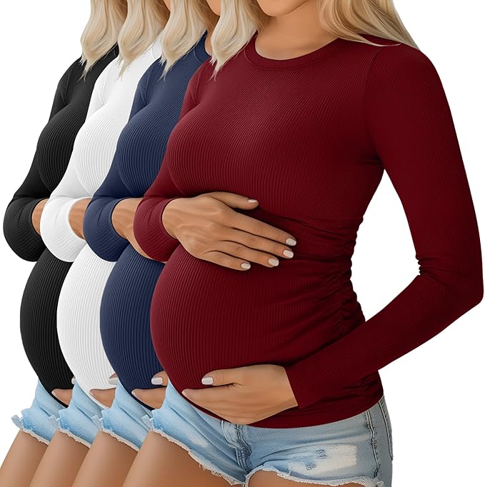 Ficerd 4 Pack Women's Maternity Shirts Cotton Long Sleeve Ribbed Crew Neck Pregnancy Tops Side Ruched Casual Mama Clothes
