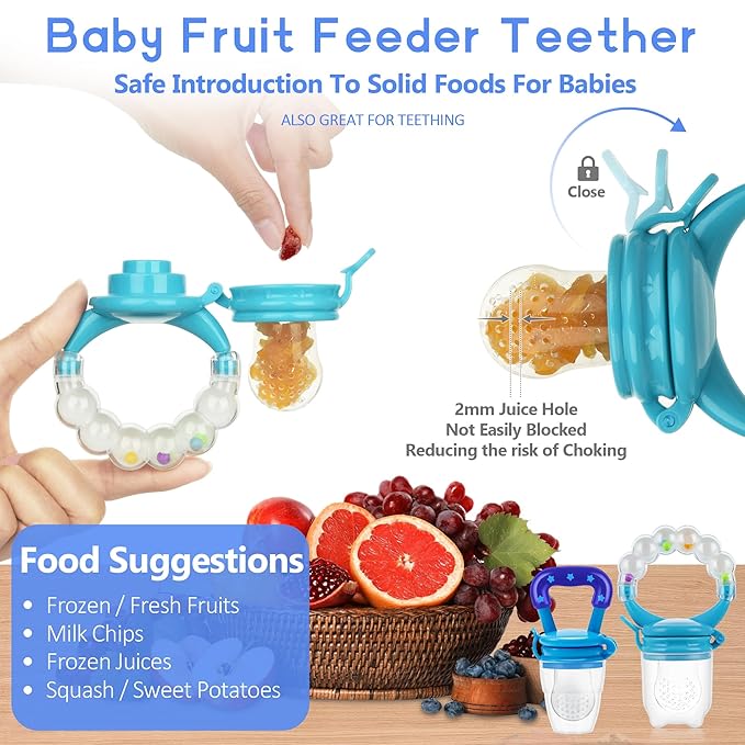 WAJIAYON Baby Fruit Feeder Pacifier - 12 Pack | 2 Infant Food Feeder Pacifier & 1 Babies Food Dispensing Spoon | Fruit Teethers for Babies | Silicone Teether Feeder Baby,Infant Teething Feeders (Blue)