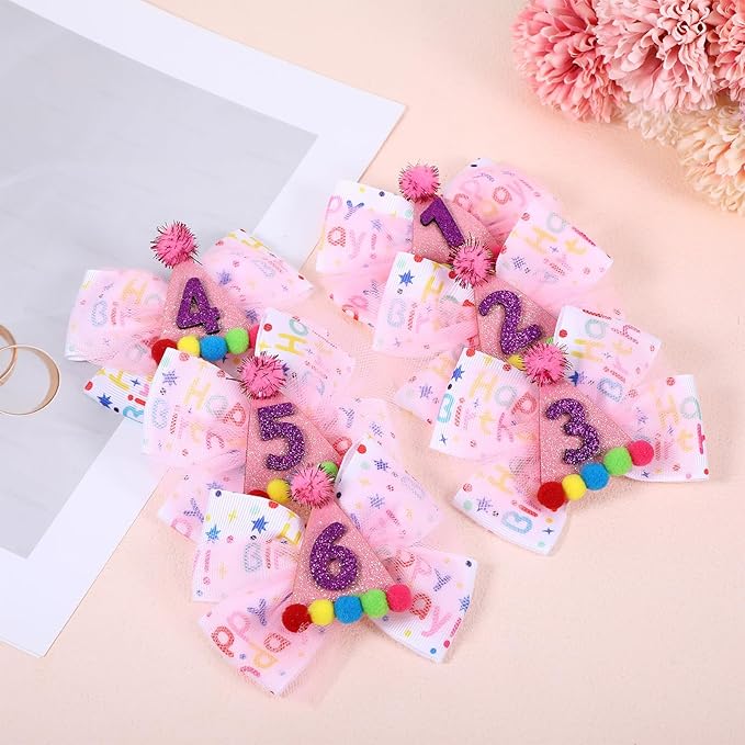Birthday Hair Bow for Baby Girls 1 2 3 4 5 6 Year Old Sprinkle Hair Clips Happy Birthday Decorations for Girls Toddlers With Pom-Poms Ice Cream Candy Party Pink Hair Accessories for 6th Sweet Party