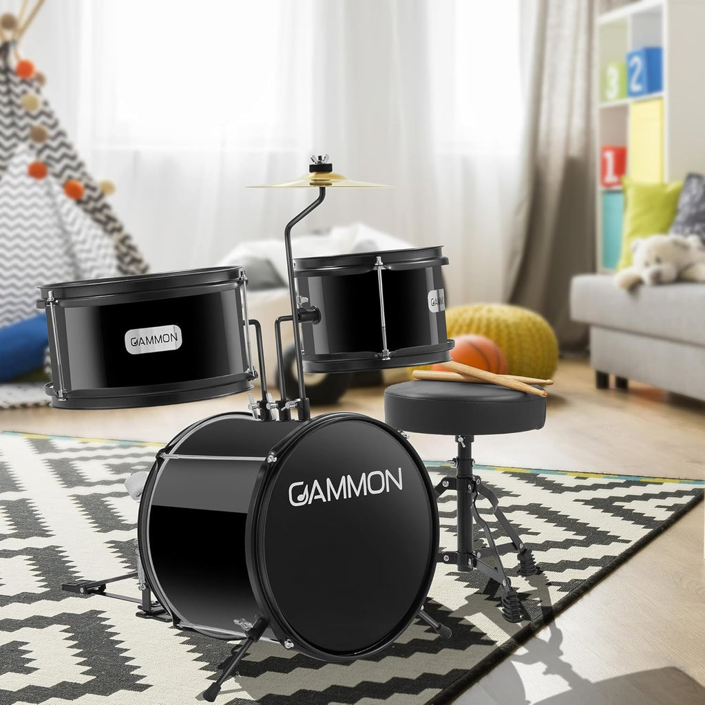 Gammon 3-Piece Junior Drum Set with Throne - Black, Complete Beginner Kit with Bass Drum, Toms, Cymbal, Pedal, and Drumsticks